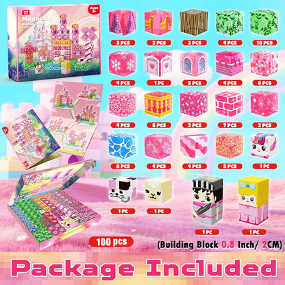Magnetic Blocks - 100Pcs 0.8in Magnetic Building Block for Kids Ages 4-8, Transparent Magnet Block Blue Princess Castle, Magnet Cubes Tiles Princess Toy for Girl 3 4 5 6 7 8-12 Birthday Gift