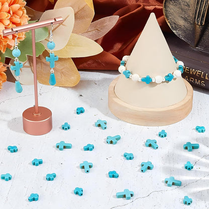 100pcs Blue and White Turquoise Cross Spacer Beads 8x10mm Semi Precious Stone Bead Easter Cross Gemstone Loose Beads for Jewelry Making Charms Beading Bracelets Necklaces Earrings Crafts