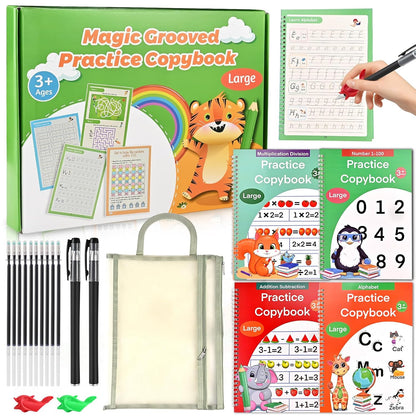 Magic Grooved Practice Copybook for Kids 3-8 - 6 Reusable Handwriting Practice Books with Pens | Letter & Number Tracing, Math & Drawing | Preschool & Kindergarten Workbook Set