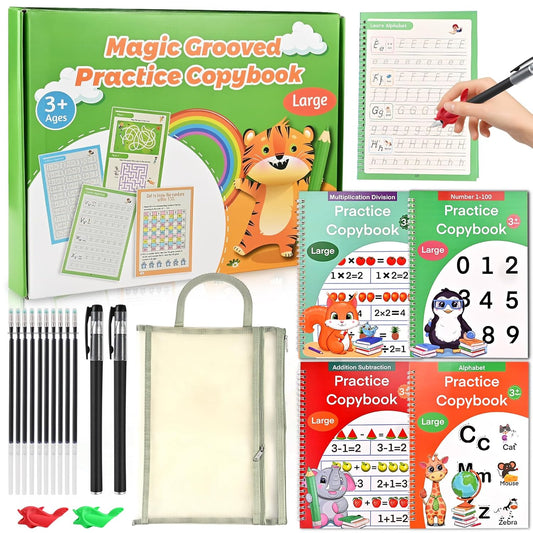 Magic Grooved Practice Copybook for Kids 3-8 - 6 Reusable Handwriting Practice Books with Pens | Letter & Number Tracing, Math & Drawing | Preschool & Kindergarten Workbook Set