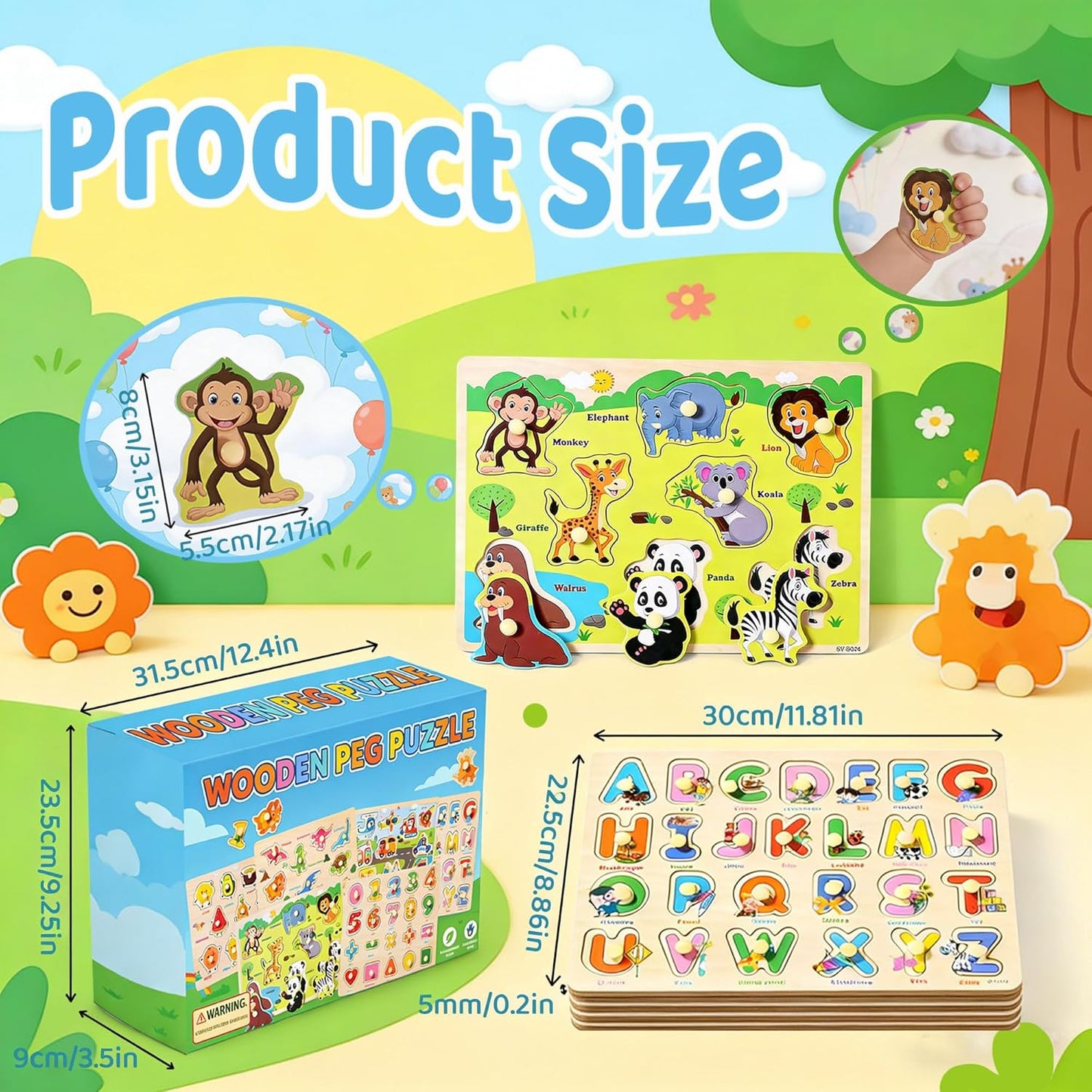 Wooden Peg Puzzles for Toddlers 1-3 – 6 Pack Toddler Puzzles, Preschool Educational Learning Puzzle Toys for Kids, Alphabet, Number, Shapes, Christmas Birthday Gifts for Boys, Girls
