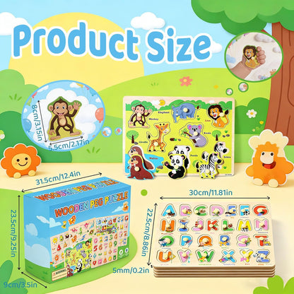 Wooden Peg Puzzles for Toddlers 1-3 – 6 Pack Toddler Puzzles, Preschool Educational Learning Puzzle Toys for Kids, Alphabet, Number, Shapes, Christmas Birthday Gifts for Boys, Girls