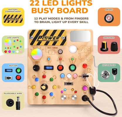 LED Busy Board for Toddlers - Montessori Sensory Toy with 10 Switches & 19 Lights, Wooden Activity Board for Fine Motor Skills, Ideal Educational Birthday Travel Toy Gift for 1 2 3 Year Old Boys Girls