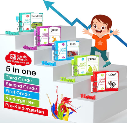 WJPC 55 Cards, 106PCS High Frequency First-Grade Sight Words Flash Cards, 1st Grade Phonics Learning Cards for 5,6,7,8 Years Ages Kids Boys, Girls Learn to Read, Write, Association, Sentence Making