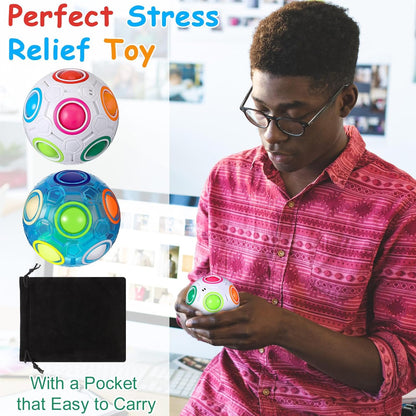 12 Pack Rainbow Puzzle Magic Ball With 2 Pcs Pouches - Fidget Toy for Boys and Girls, Speed Cube, Funny Stress Reliever for Kids, Teens and Adults (White)