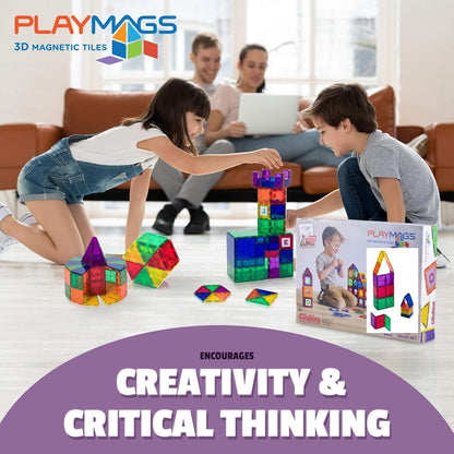 Playmags Magnetic Tile Building Set: Exclusive Educational Clickins – 80-Pc. Kit: 40 Super Strong Clear Color Magnet Tiles Windows & 40 Letters & Numbers – Stimulate Creativity & Brain Development