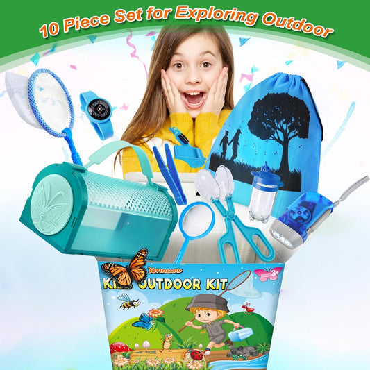 Bug Catcher Kit & Outdoor Explorer Kit for Kids, 10 Pcs Bug Catching Kit with Toy Cage, Backpack, Flashlight, Manifying Glass, Toy Net, Outdoor Exploration Toys Gift for Boys Girls 3-12
