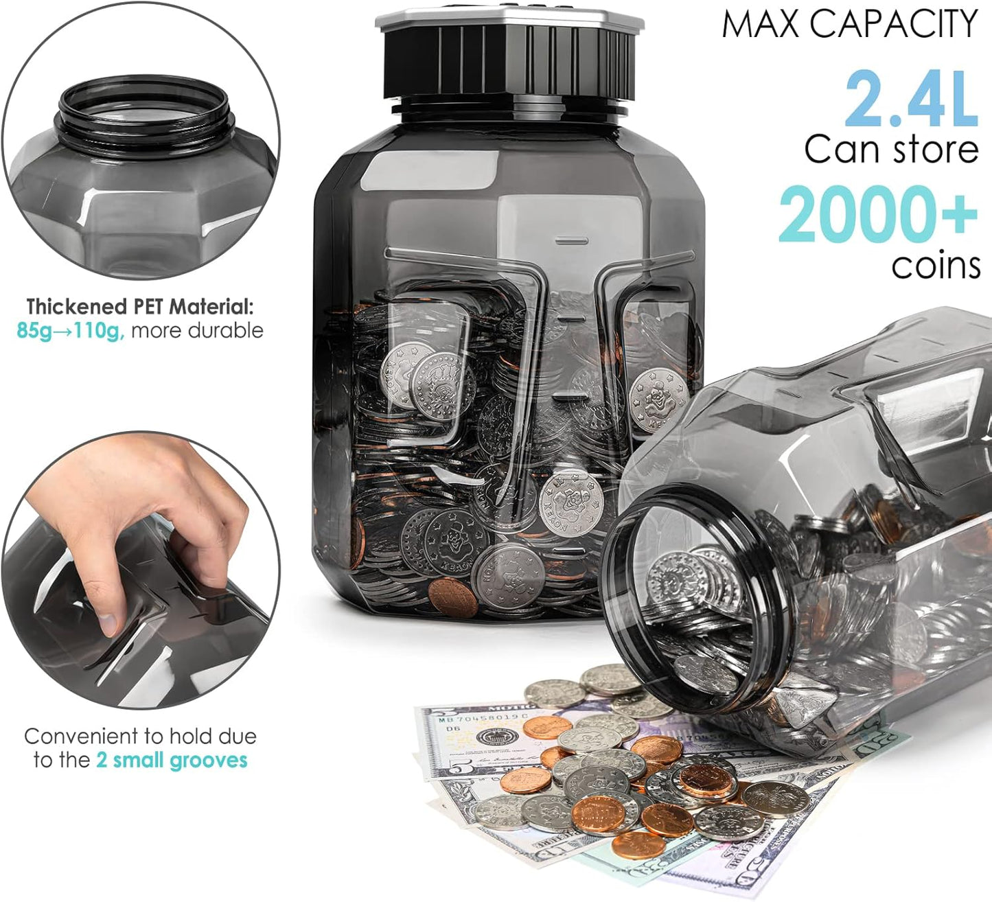 X-Large Piggy Bank for Adults Kids, Vcertcpl Digital Coin Counting Bank with LCD Counter, 2.4L Capacity, Great Coin Counter Bank Money Counting Jar with Total Amount Displayed, Bank for All US Coins
