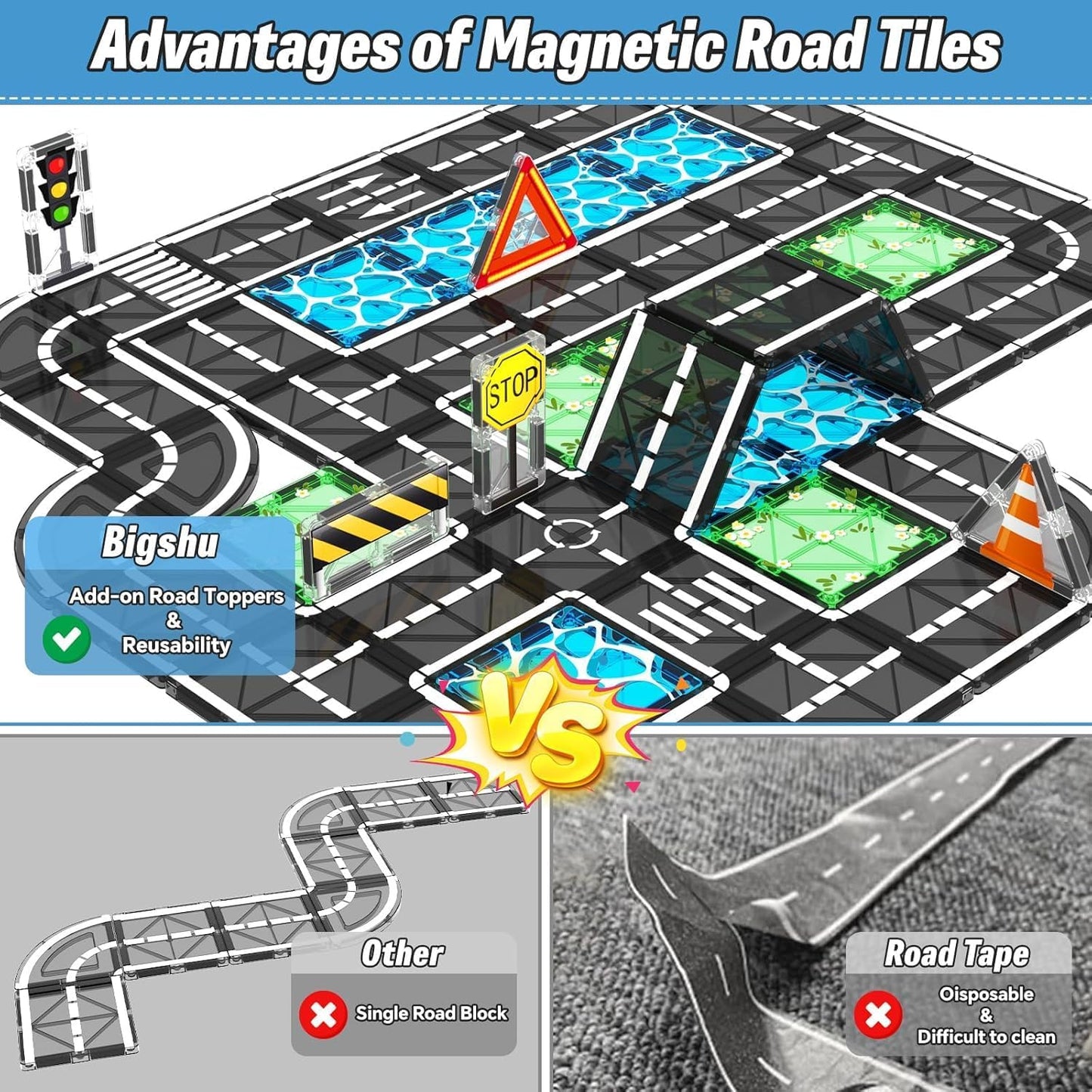 Magnetic Tiles, Magnetic Blocks Engineering Construction Vehicle Road Set, Toddler Toys for 3 4 5 Year Old Boys Girls Montessori Preschool Classroom Must Haves STEM Educational Kids Toys Birthday Gift