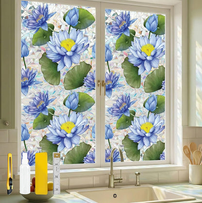 Flower Stained Glass Window Film Decorative Static Cling Stickers Sun Blocking Privacy Decals for Home Car White Lily