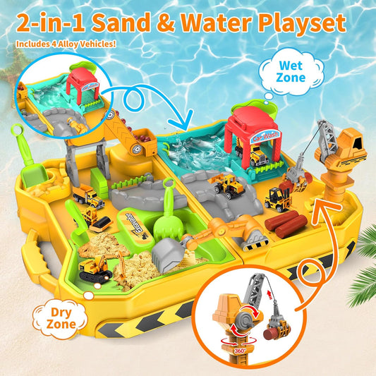 Construction Sand Kit with Foldable Sandbox Case - 1.1lbs Sensory Play Sand, 4 Alloy Trucks & Molds - Mess-Free Travel Beach Toys for Toddlers 3-5, Portable Dry-Wet Separation Design