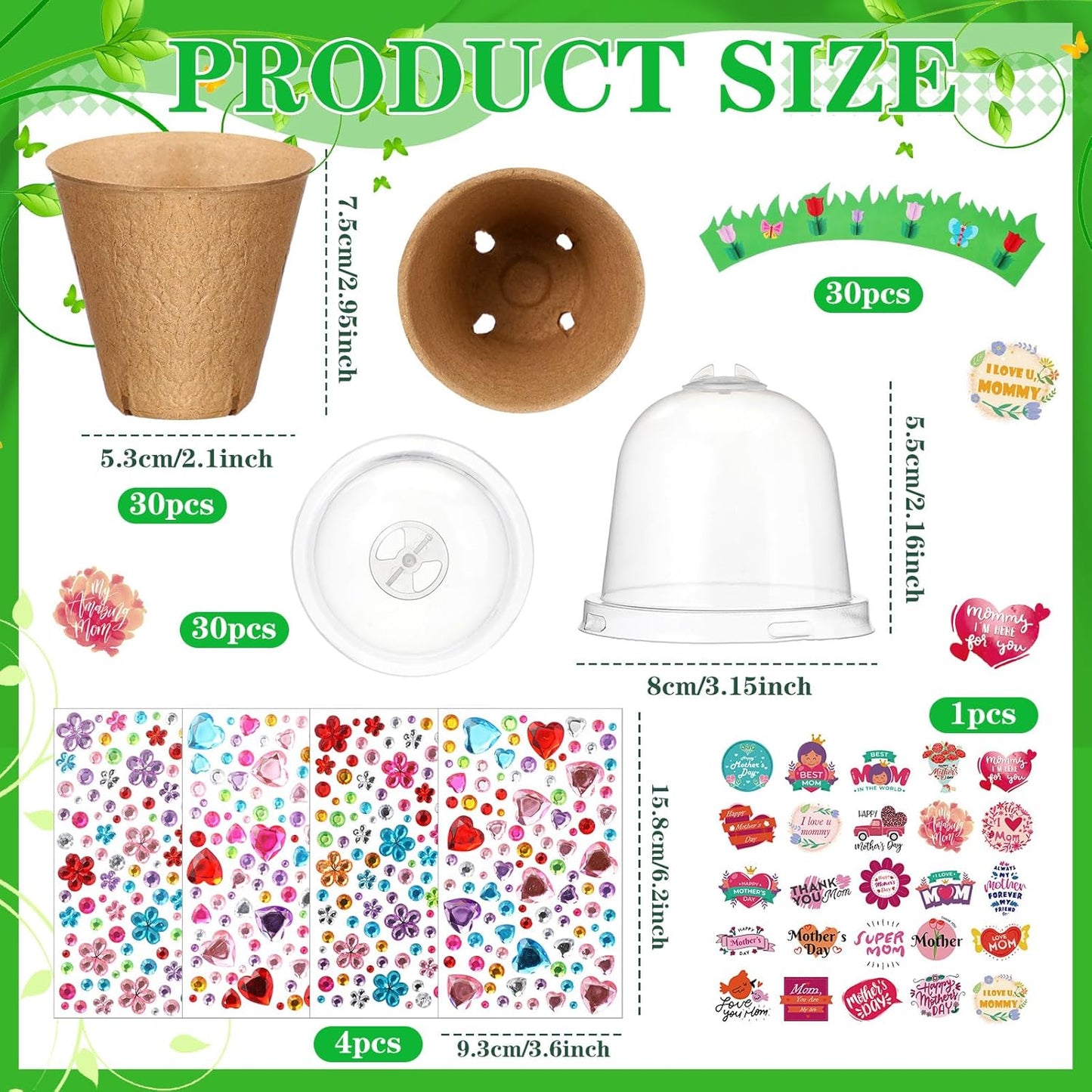 Motipuns Mother's Day Garden Paper Pot Craft Kit Include Plant Flower Peat Pots with Domes 4 Sheet Rhinestones Jewels Stickers and Adhesive Spring Stickers Set for DIY Craft Gifts
