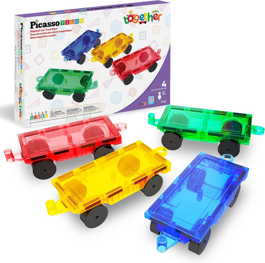 PicassoTiles 2 Piece Car Truck Construction Kit Toy Set Vehicle for Magnetic Blocks Building Tile Sensory Magnet Toys with Re-Enforced Hitch & Long Bed Educational Puzzle Girls Boys Toddlers Ages 3+