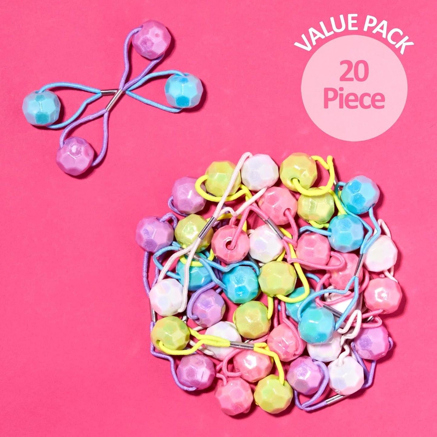 20pc Ponytailers Balls Elastics 18mm Round Opaque Multicolored Twin Beads Bauble Holders Toddler Kids Braiding Styling