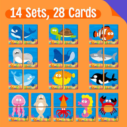 SpriteGru Jungle Animal Memory Game, 28 Chunky Cards Wild Animal Head Tail Matching Game 1-5 Players Memory Matching Game for Age