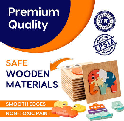 Montessori Wooden 3D Puzzle Set – Educational Wooden Toys for Toddlers (Themes: Ocean, Animals, Transport, Farm & Garden) (Animals)