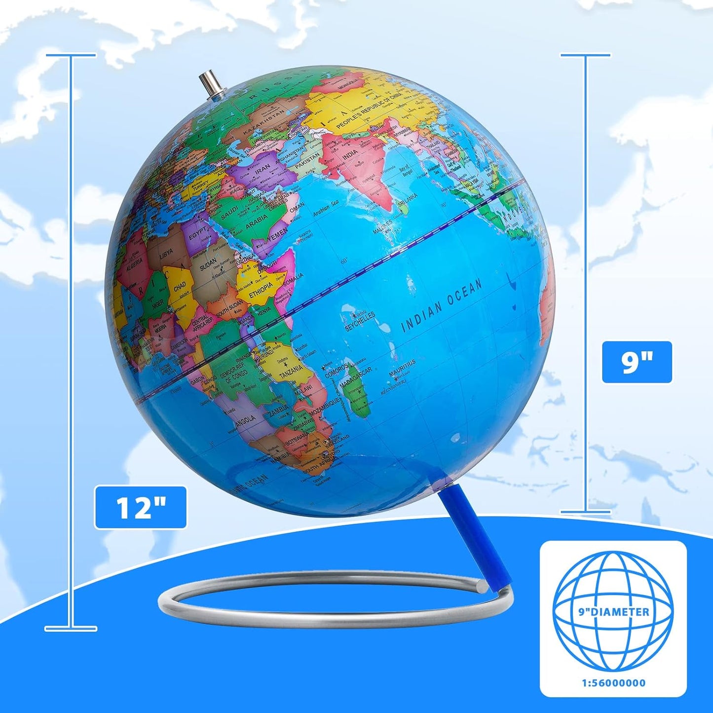 BSHAPPLUS World Globe with Stainless Steel Stand 13 inch, 720 Rotating & HD Waterproof Material, Teaching/Geographic/Decorative Globes with Clear Text for Elementary, Classroom, Home, School, Office