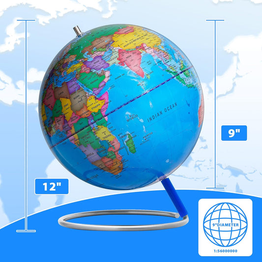 BSHAPPLUS World Globe with Stainless Steel Stand 13 inch, 720 Rotating & HD Waterproof Material, Teaching/Geographic/Decorative Globes with Clear Text for Elementary, Classroom, Home, School, Office