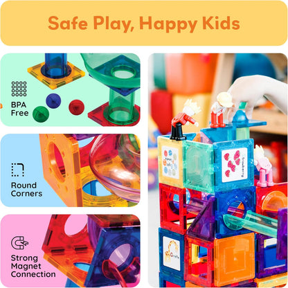 PicassoTiles 70pc Marble Run Magnetic Tiles STEM Set for Kids Ages 3 and Older Magnet Tile Marbles Maze Building Blocks Brain Development Toy Preschool Educational Learning Construction Playset PTG70