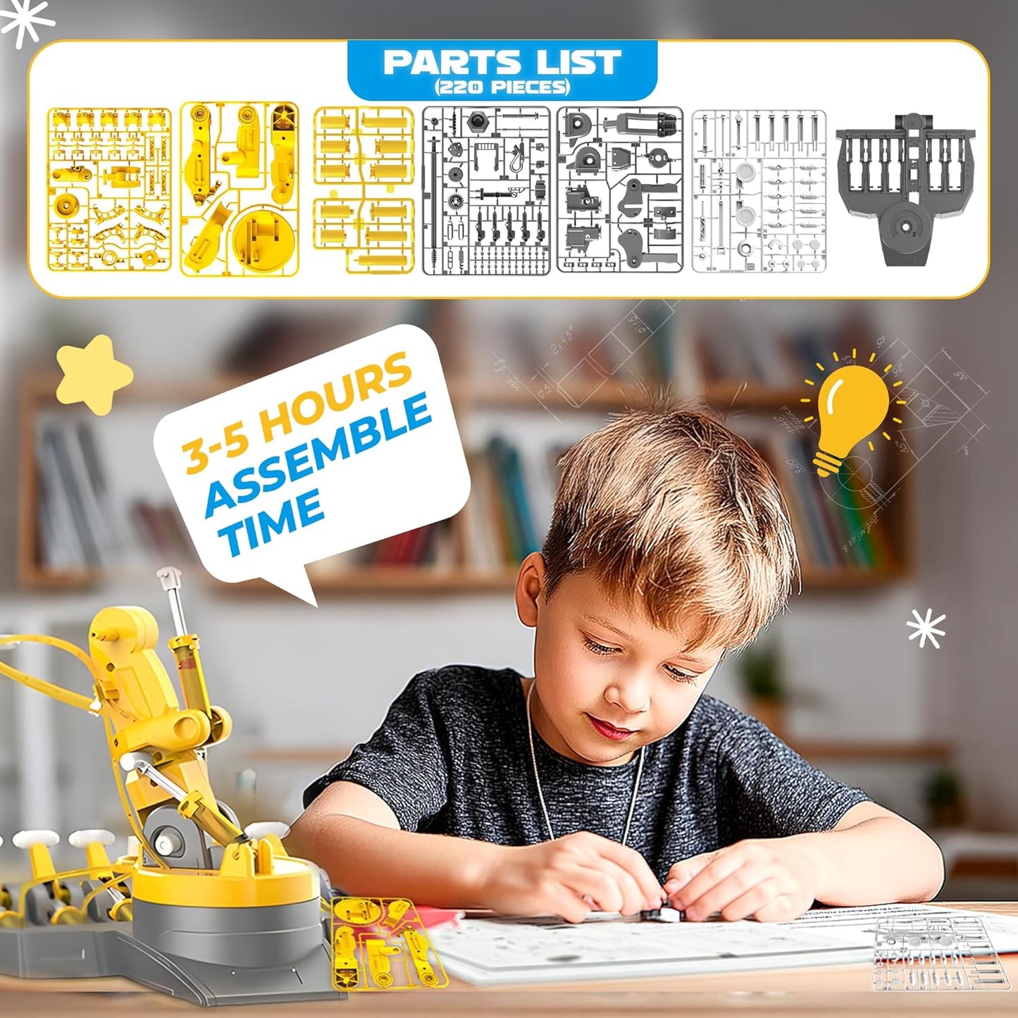 SMIESSKIDDO 3 in 1 Hydraulic Robot Arm - 220 Pcs STEM Building Toys with 4-Jaw Grab, Suction & Tongs for Kids 8-12 | No Batteries Needed Engineering Gift for Boys & Girls Ages 9 10 11 - Yellow