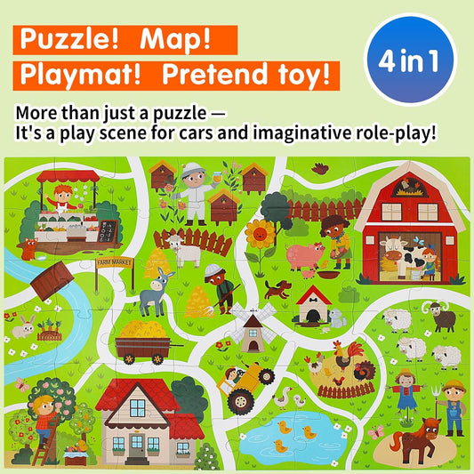 Jumbo Floor Puzzle for Kids Ages 3-5, Giant City Race Tracks Jigsaw Puzzles for Toddler 2-4 (60pcs 35.4x23.4 Inch Extra-Thick Cardboard), Educational Preschool Toy for 4-6 Year Old