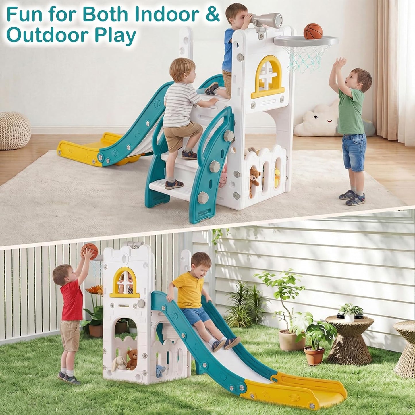 OLAKIDS Toddler Slide and Swing Set, 7 in 1 Kids Indoor Outdoor Playground with Climber Basketball Hoop Telescope Toy Storage for Boys Girls Aged 1+ (Grey)
