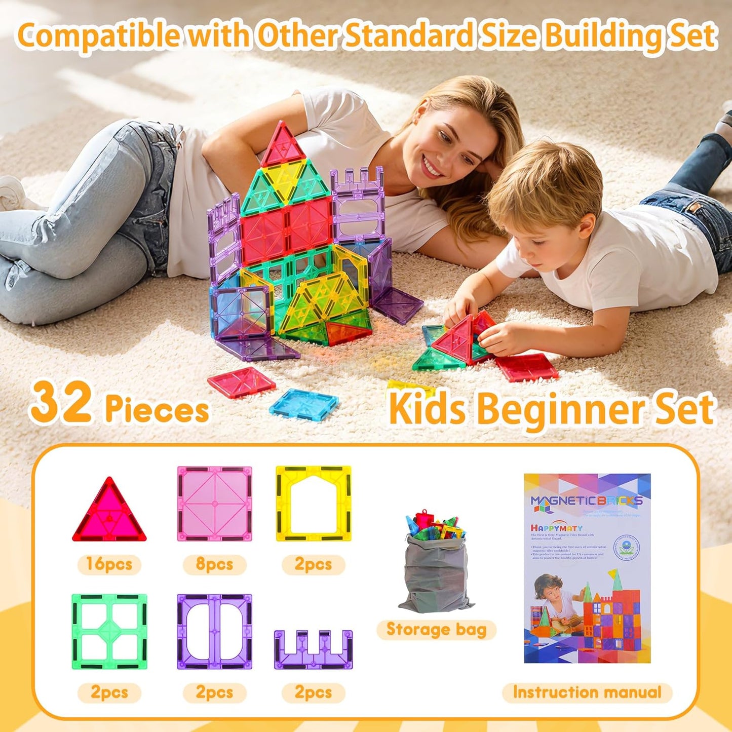 Upgraded Antibacterial Magnetic Tiles - 106 PCS Magnet Building Tiles with 2 Cars for Kids, Inhibits Bacterial Growth for Safe Play, 3D STEM Educational Construction Blocks & Xmas Gift