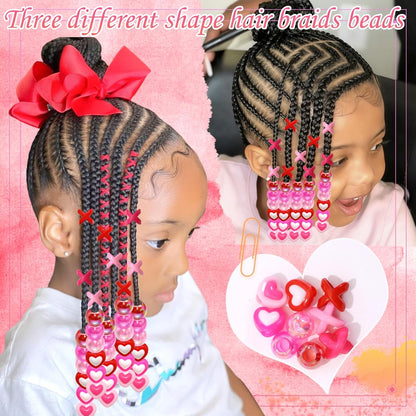 60PCS Pink White Hair Beads for Braids Three Styles Cute Loc Beads Heart Shape Bead for Kids Dreadlock AB Color Round Pony Bead Accessories