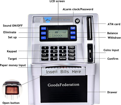 ATM Piggy Bank for Real Money for Kids Adults,Toy Money Bank with Card,Password,Coin Recognition,Bill Feeder,Balance Calculator,Electronic Money Safe Coin Box,Hot Gift for Boys Girls
