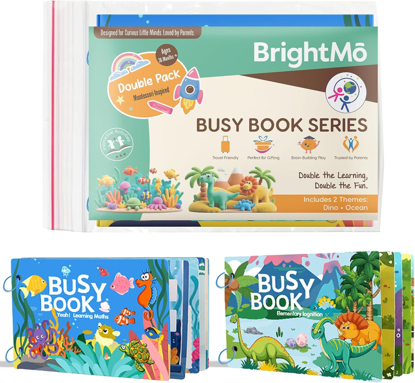Montessori Busy Book Set (4-in-1) – Preschool Learning Activities for Ages 3+, Fine Motor Skills, Travel Activity Kit, Dinosaur Farm Ocean Animal Themes