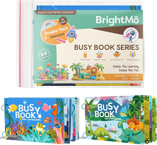 Montessori Busy Book Set (4-in-1) – Preschool Learning Activities for Ages 3+, Fine Motor Skills, Travel Activity Kit, Dinosaur Farm Ocean Animal Themes
