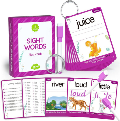 WJPC 55 Cards, 106PCS High Frequency First-Grade Sight Words Flash Cards, 1st Grade Phonics Learning Cards for 5,6,7,8 Years Ages Kids Boys, Girls Learn to Read, Write, Association, Sentence Making