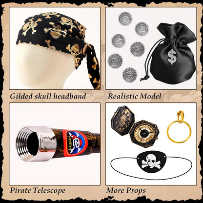 Latocos 14pcs Girls Pirate Costume Dress Kids Pirate Accessories Hat Eye Patch Halloween Dress Up Role Play Gift