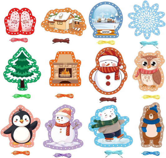 Well Tile 12 Pack Winter Lacing Cards Double Sided Sewing Cards with Colorful Laces Sewing Card for Educational and Learning Activity,Develops Hand-Eye Coordination & Fine Motor Skills