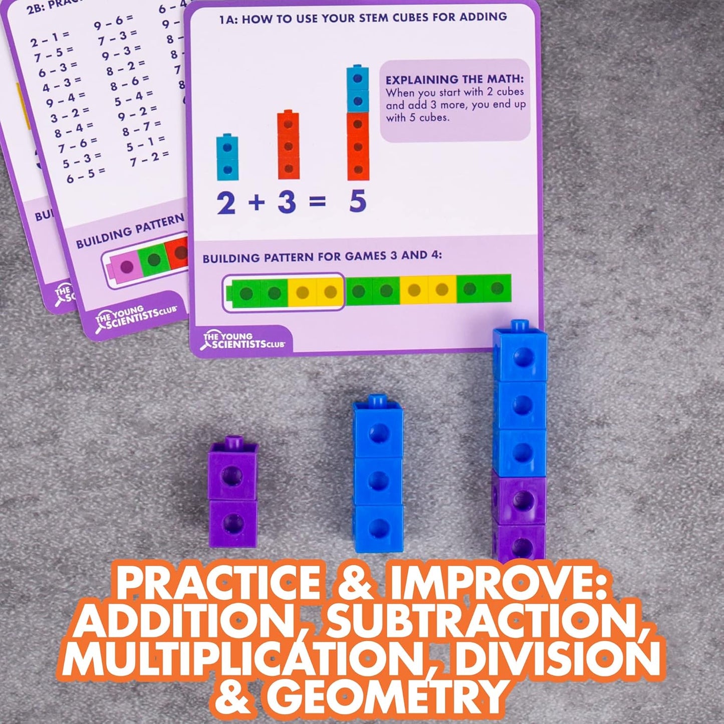 The Young Scientists Club STEM Cubes, Build, Learn & Create with 100+ Math Cubes Manipulatives, 4-in-1 Educational Games, Math Cubes for Kids Ages 4-8, Awesome Learn Through Play Toys