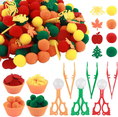 Sensory Bin Filler, Summer Party Gift, Apples,Trees, Pom Poms, Maple Leaves, Bells,Toddler Toys, Counting Sorting Set,Fine Motor Toys Preschool Education Toys,for 3+ Years Old Kids, 294pcs.