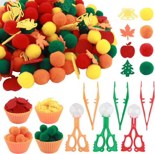 Sensory Bin Filler, Summer Party Gift, Apples,Trees, Pom Poms, Maple Leaves, Bells,Toddler Toys, Counting Sorting Set,Fine Motor Toys Preschool Education Toys,for 3+ Years Old Kids, 294pcs.