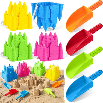 Realspring 4 Pcs Sand Castle Building Kit, 4 Sandbox Castle Molds Beach Buckets and 4 Sand Shovels Tools for Kids Summer Gift Beach Toys Toddlers Sandcastle Building Kit