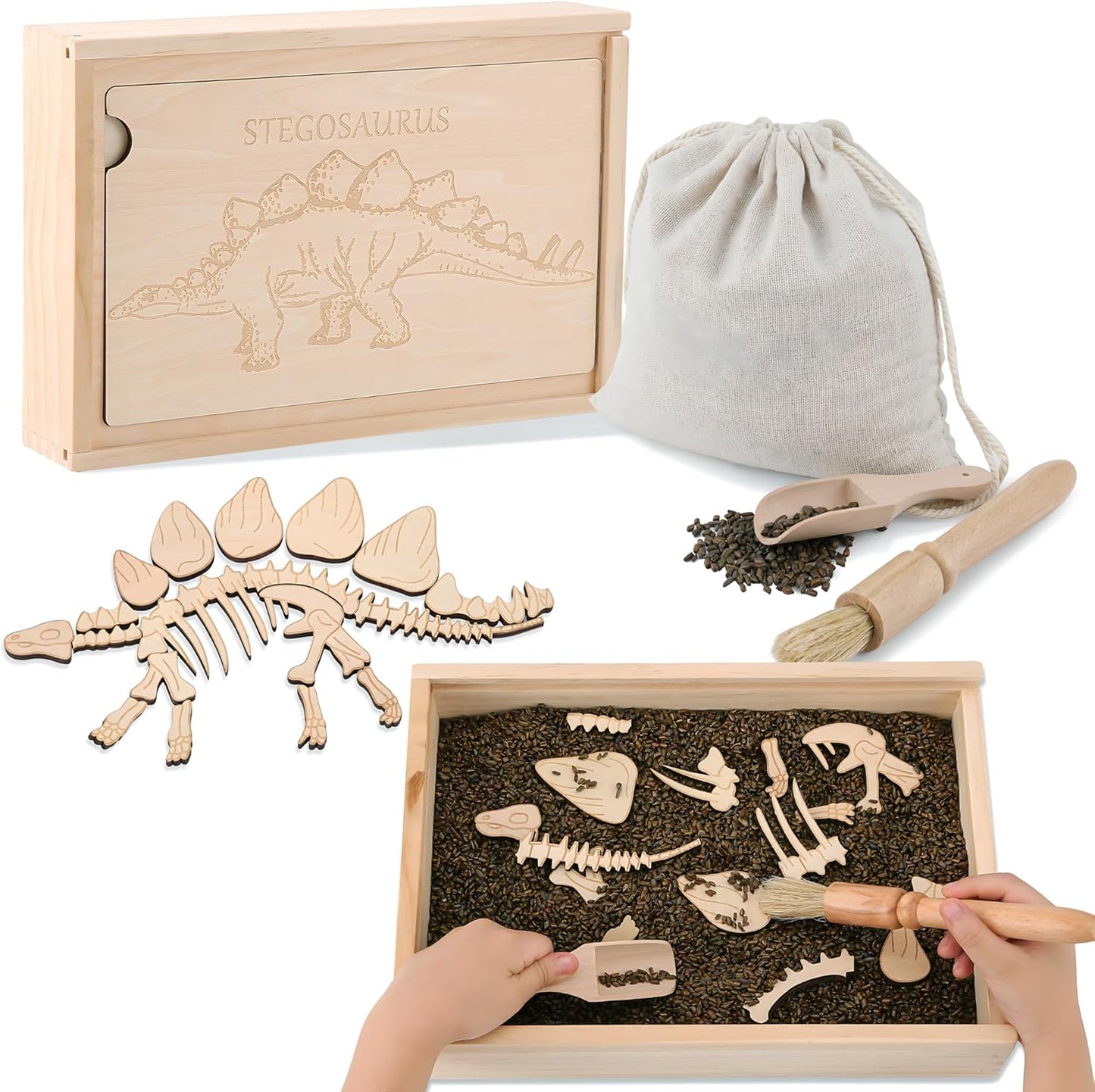 Dino Excavation Archaeology Dig Kit, Fossil Digging Kit for Kids, Dinosaur Skeletons Bones Puzzle Game with Wooden Storage Box, STEM Toys for Boys and Girls (Stegosaurus)
