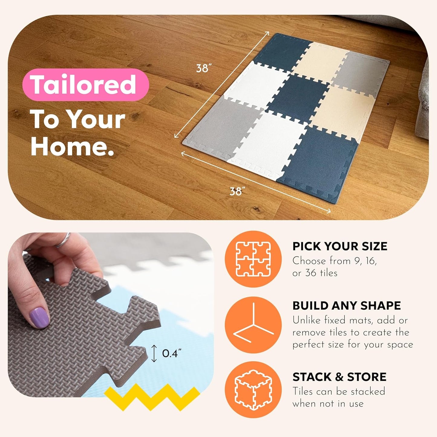 MioTetto Baby Play Mat, Soft Foam Floor Tiles for Kids. Adjustable Interlocking Foam Tiles, Fits with 50x50 Playpen Baby mat for Crawling & Development, Safe & Non-Toxic Playmat for Babies 6-12 Months