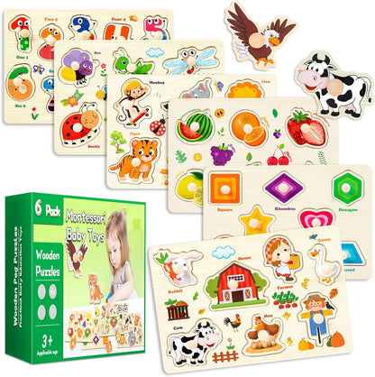 Wooden Puzzles for Toddlers, 4 Pack Montessori Toys Preschool Learning Puzzles for Baby, Farm, Shapes, Animals, Fruits Wooden Peg Puzzles for Boys and Girls (4 Pack)