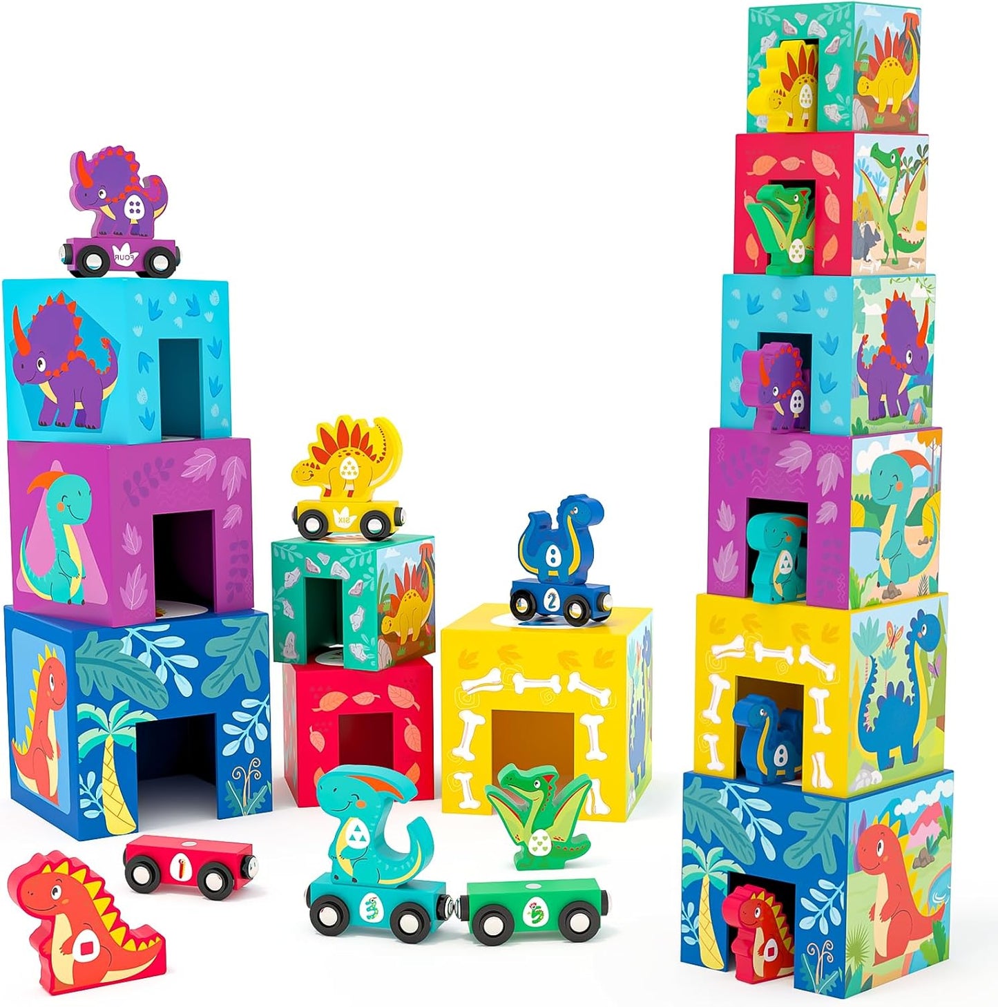 Toyssa Wooden Dinosaur Sorting and Stacking Toys for Toddler 1-3, Number Blocks Nesting Boxes with Magnetic Animals Train Set, Preschool Learning Montessori Toys for 1 2 3 Year Old Boys Girls Gift