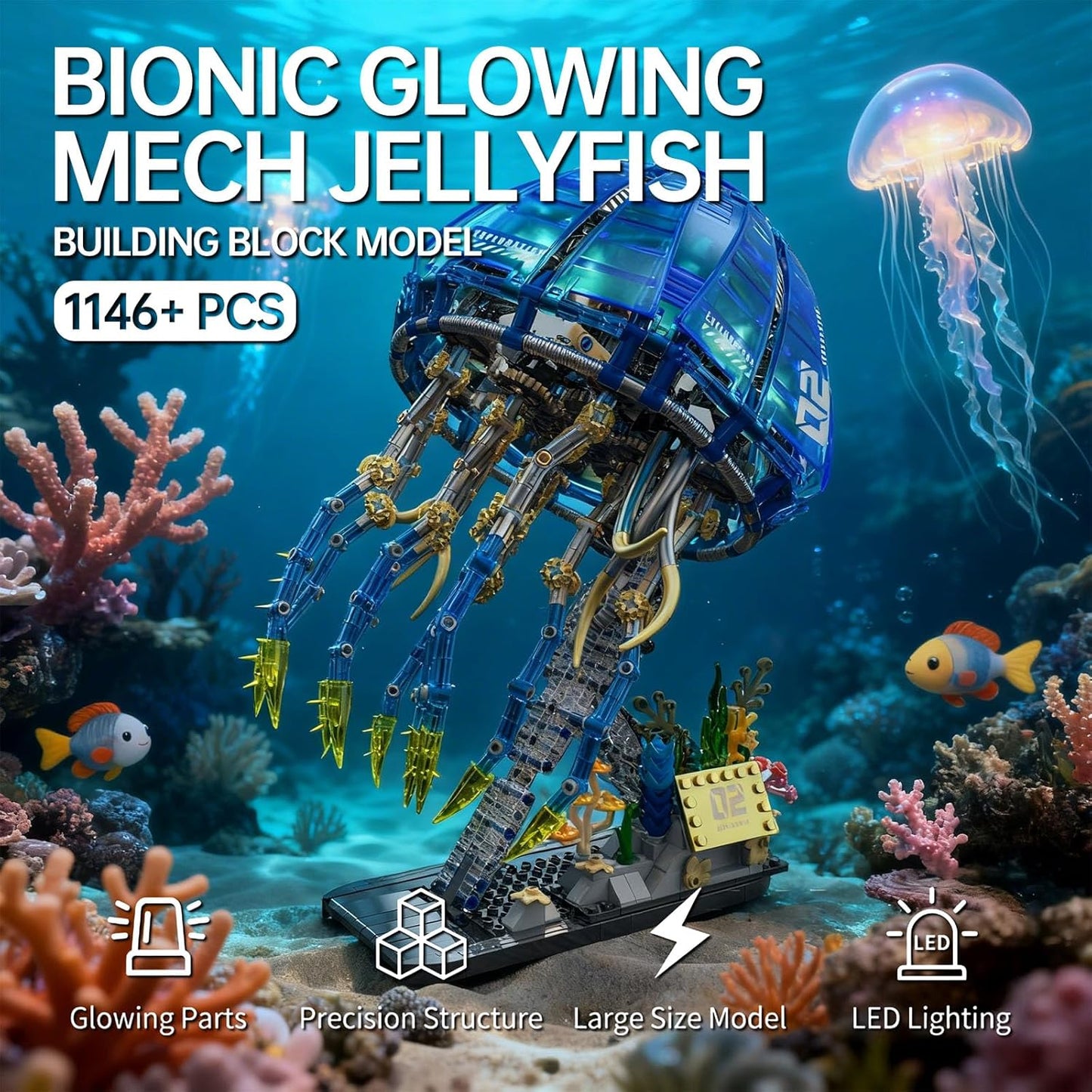 Biomimetic Mechanical Jellyfish Building Block Set – Gear-Driven Ocean Creature Model with Moving Tentacles and Display Base