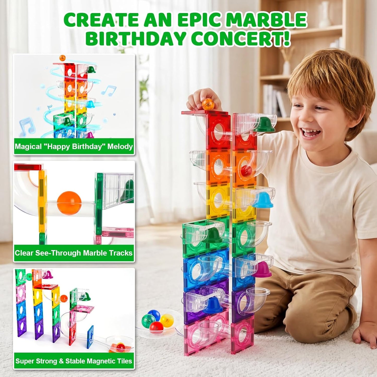 BMAG Magnetic Marble Run Set with Happy Birthday Bell, 73 Pcs STEM Educational Magnetic Marble Maze Toy for Kids 3+, Creative Building Track Game, Birthday Gift for Boys & Girls