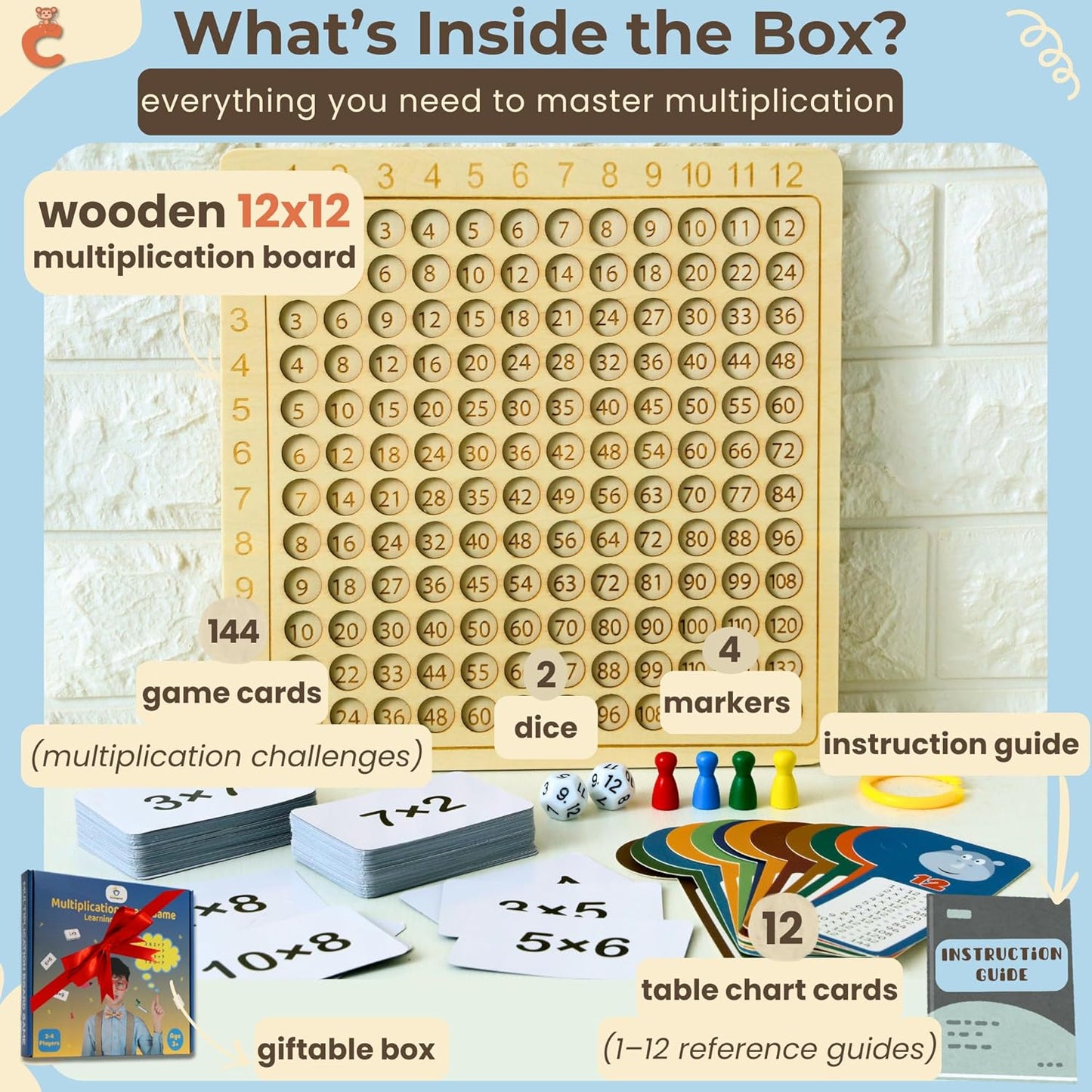 Multiplication Games, 12x12 Wooden Montessori Multiplication Board Game, Larger Size Times Table, Montessori Math Learning Materials, Educational Toy for Toddlers, Preschool Gifts for Kids
