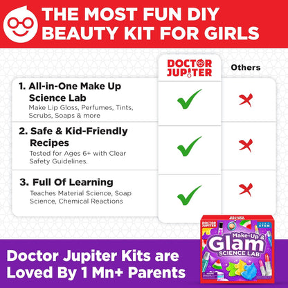 Doctor Jupiter Glam Science, DIY Makeup Craft Kit for Girls Ages 6+ | 50+ Beauty Recipes - Make Your Own Makeup, Perfume, Lip Gloss, Bath Bomb| Birthday Gift Ideas for 6-7-8-9-10-11-12 Year Olds