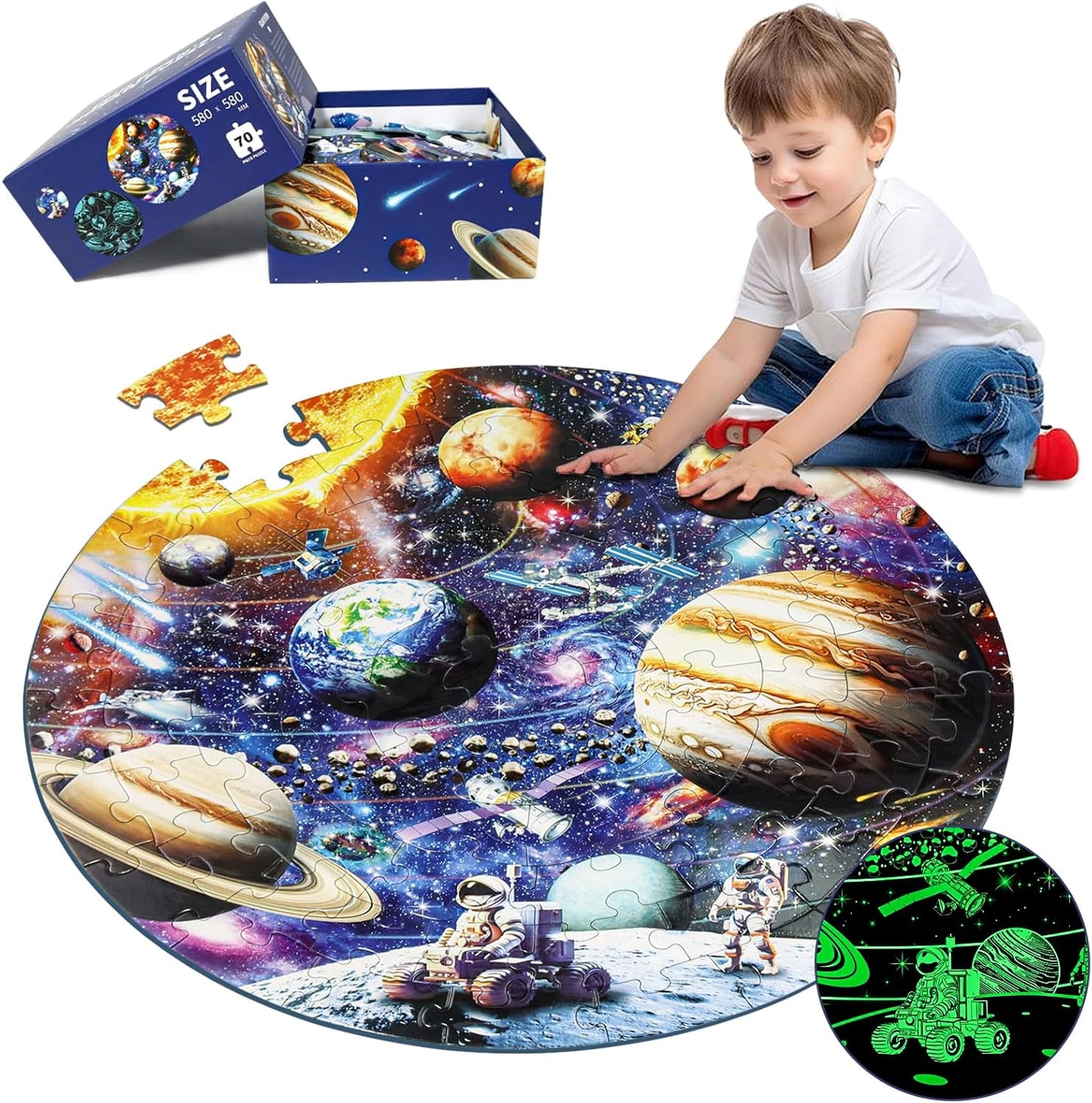 Glow-in-The-Dark Dinosaur Floor Puzzles for Kids Ages 4-6, Kids Jigsaw Puzzles Ages 6-8, 70PCS Large Round Dino Educational Puzzle Toys for 3 4 5 6 7 8 Years Old Children, Easter Gifts for Kids