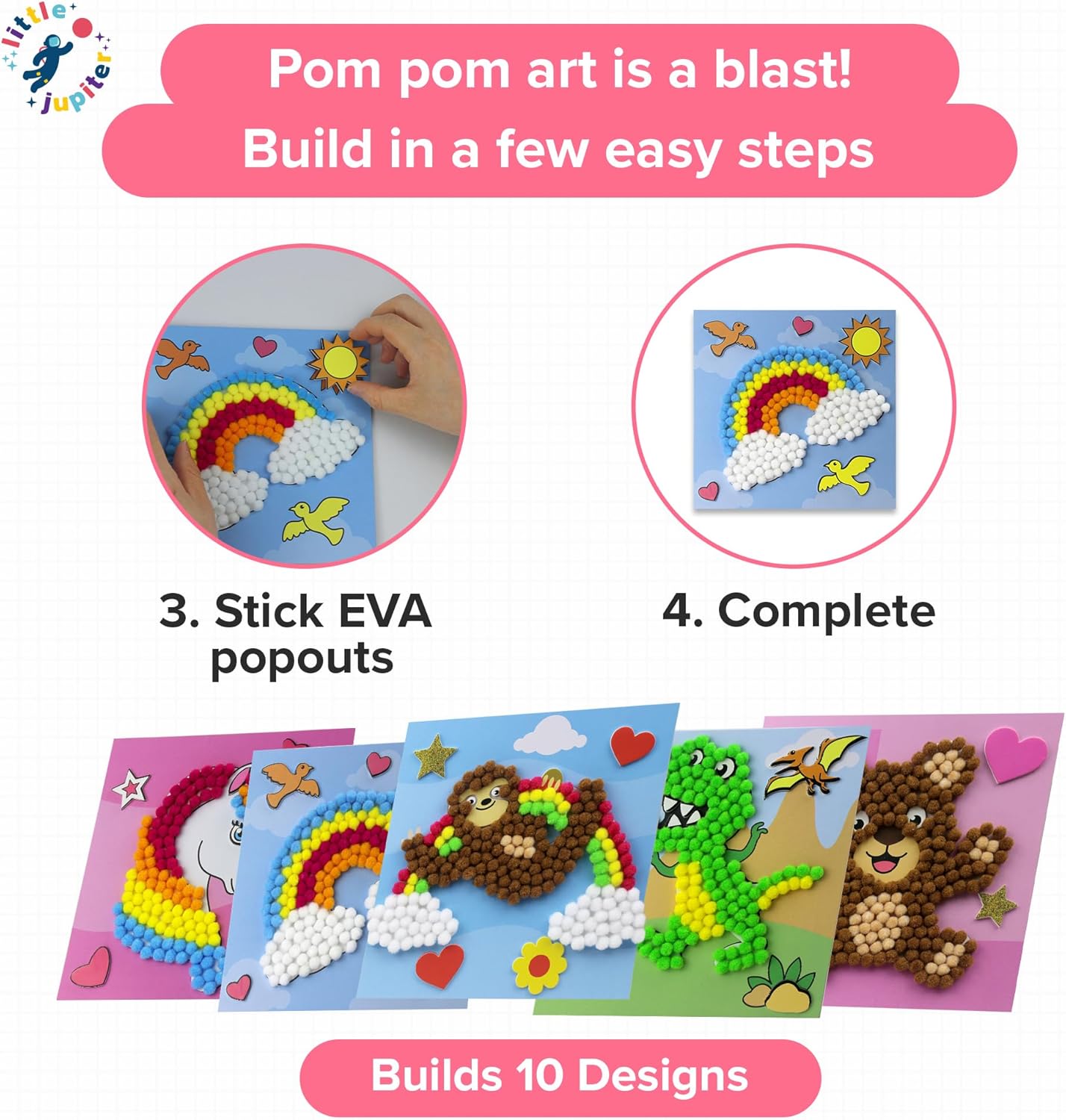 Little Jupiter DIY Pom Pom Art - Makes 3 Pieces -Boy & Girl Crafts for Kids Age 3-5 - Toddler Crafts - Pom Pom Art Projects for Kids 3-5 - (Set 2-Unicorn, Rainbow, Cat)