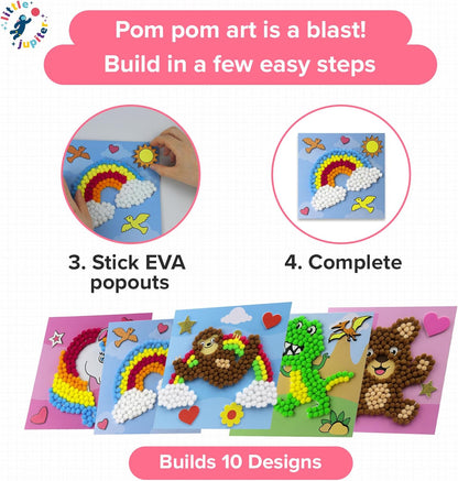 Little Jupiter DIY Pom Pom Art - Makes 3 Pieces -Boy & Girl Crafts for Kids Age 3-5 - Toddler Crafts - Pom Pom Art Projects for Kids 3-5 - (Set 2-Unicorn, Rainbow, Cat)