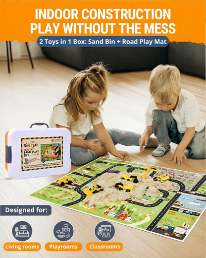 Construction Sensory Bin for Toddlers with 2-in-1 Play Mat & 2.8lbs Moldable Sand, Kids Sensory Bin with Lid & Handle, Toddler Sensory Kit Boys & Girls, Learning Activity, Gift Ages 3+